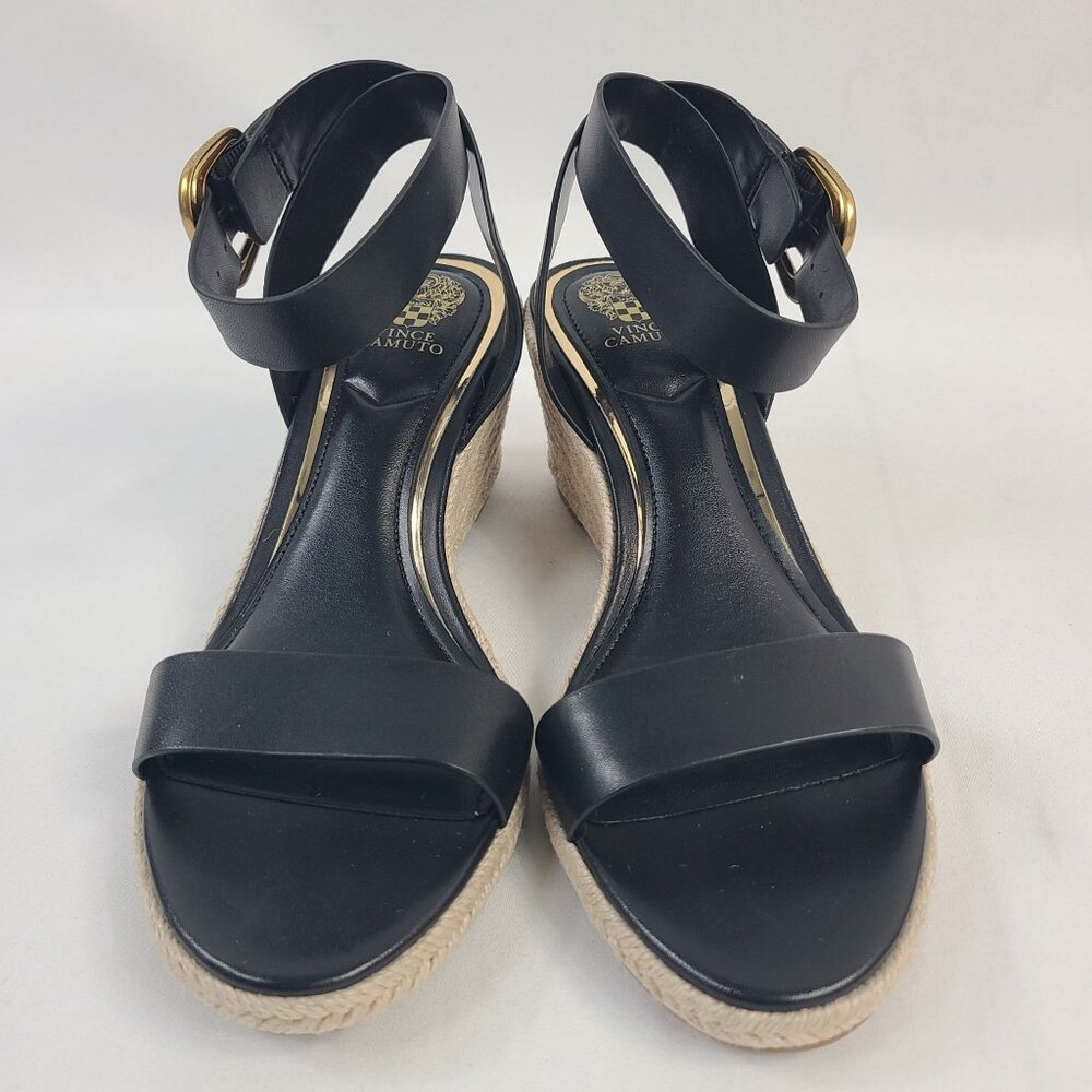 Vince Camuto Felia Black Leather Espadrille Wedge Sandals - Picture 3 of 9